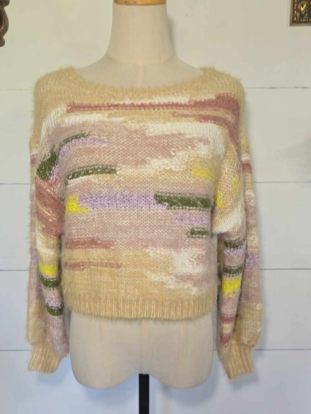 Anthropologie Pilcro Fuzzy Abstract Crop Boat-Neck Sweater Multicolor XXSP